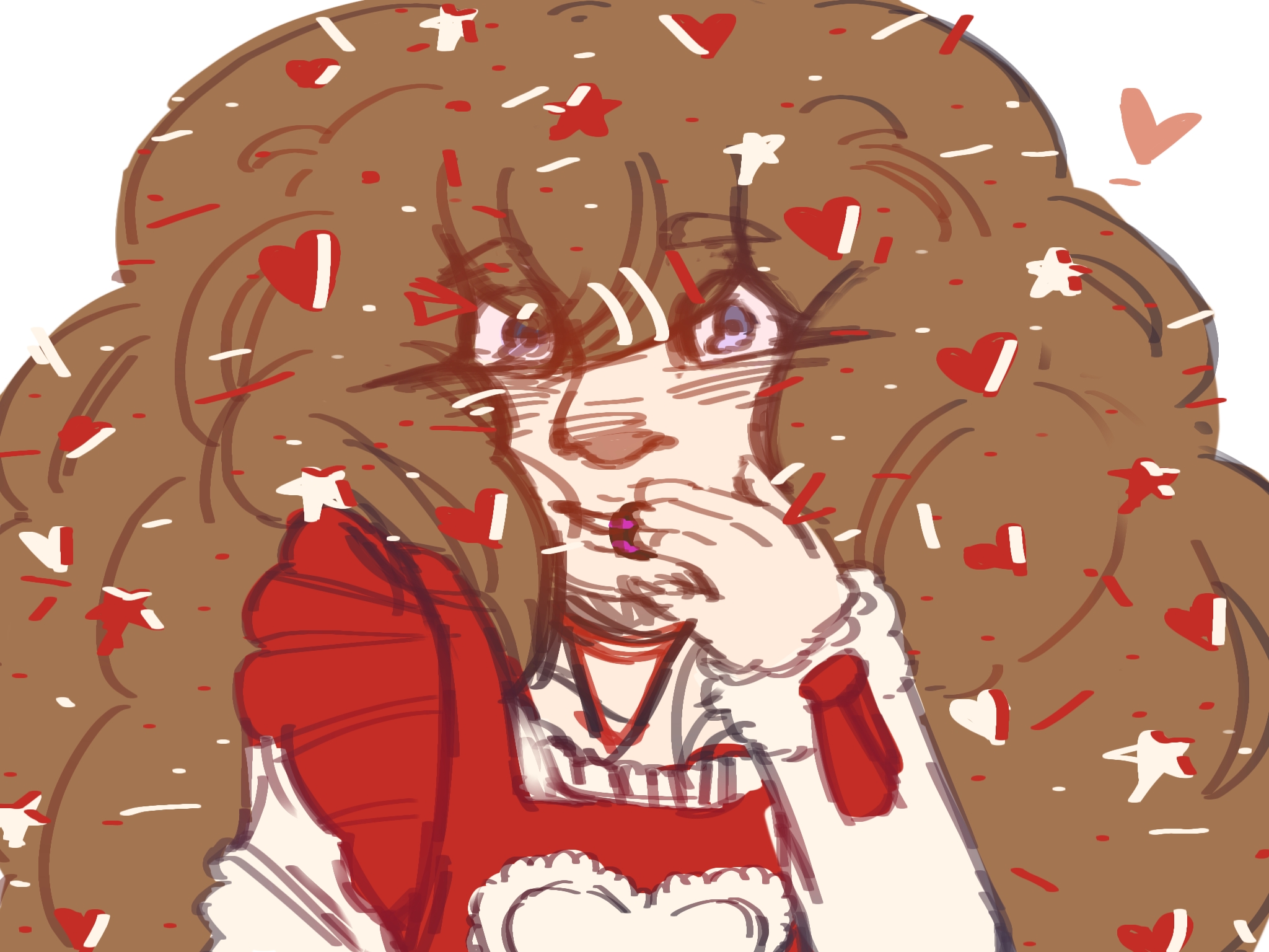 karma covered in red and white sprinkles wearing a red dress, with a chocolate on her mouth